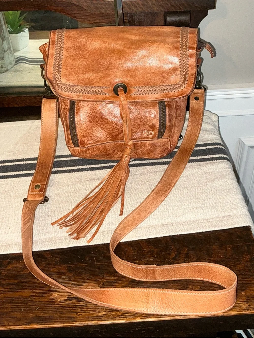 Bed Stu Leather Whoopi Tan DD Crossbody Bag Fringe Tassel MSRP $245